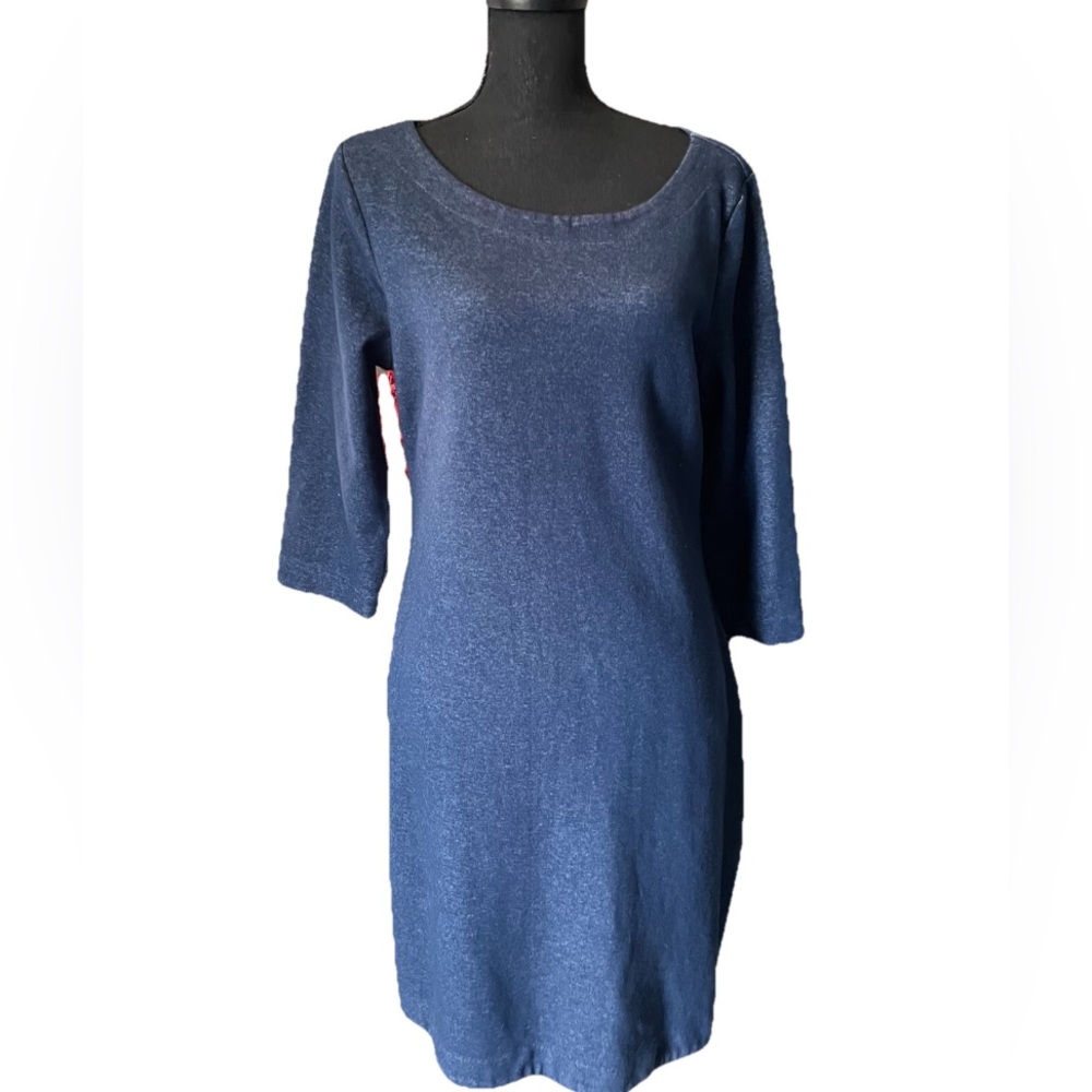 Old Navy Women’s Dress Sheath Blue 3/4 Sleeve Zip Up Scoop Neck Stretch Large